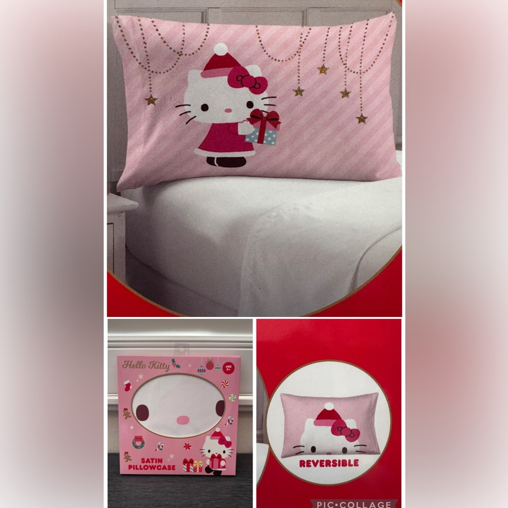 NEW Sanrio Hello Kitty Satin Pillowcase - Pink & White Santa Christmas Holiday